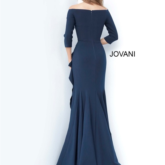 Jovani Style 02576 Navy Off The Shoulder Embroidered Evening Dress